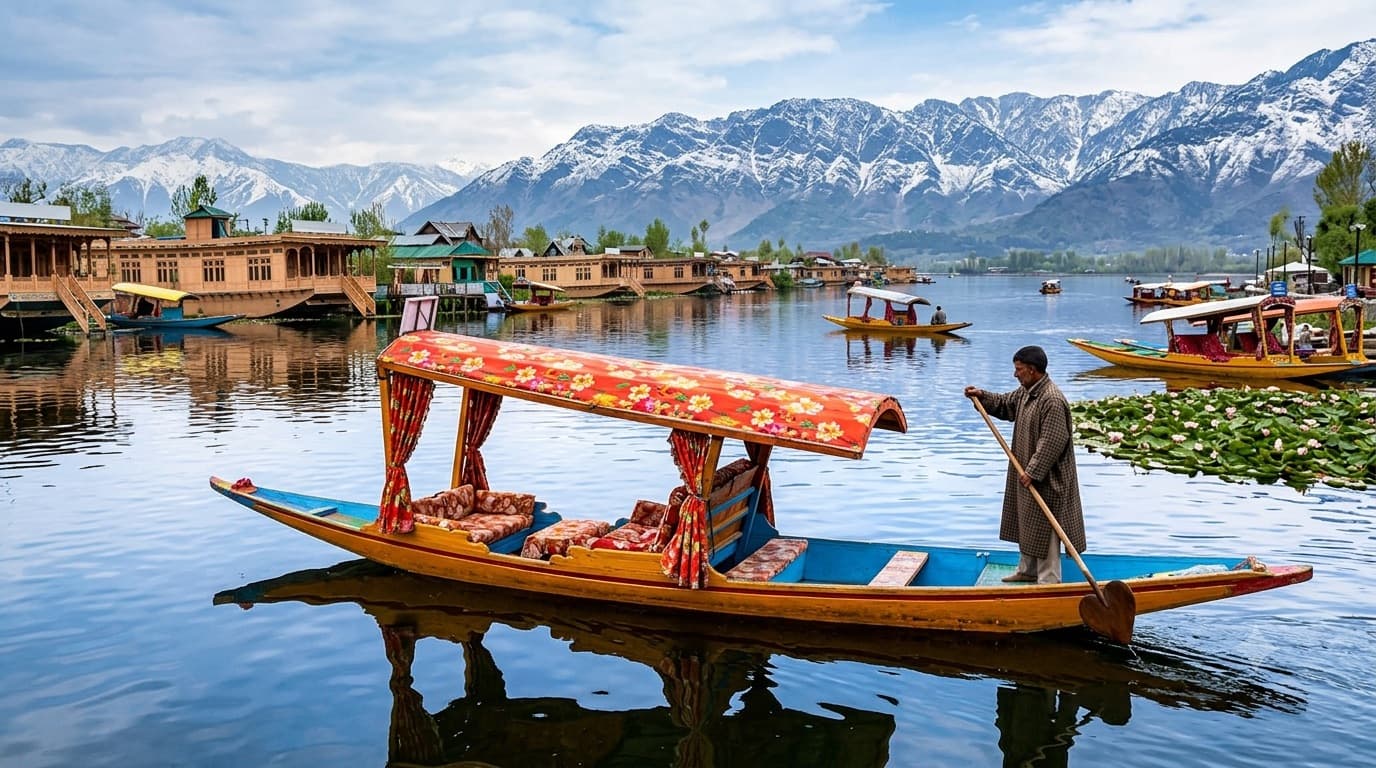 A shikara on Dal Lake with snow-capped mountains behind